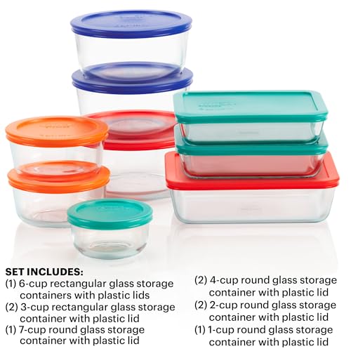Pyrex Simply Store (9-Pack) Mixed Sized Glass Food Storage Set, Round & Rectangular Containers With Plastic Lids, BPA-Free, Dishwasher & Microwave Safe - size: 9 Pack
