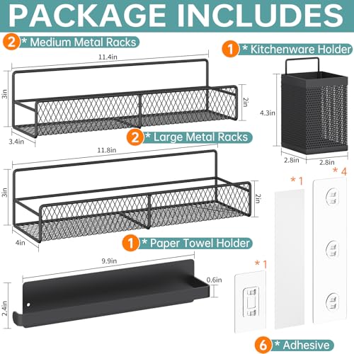 DTUQYX Spice Rack Wall Mounted 6 Pack: 100% Metal & Strong Adhesive Spice Organization for Kitchen Cabinet/Pantry Door, No Drill Hanging Seasoning Organizer with Paper Towel Holder, Utensil Caddy - style: No Drill Wall Mount Version