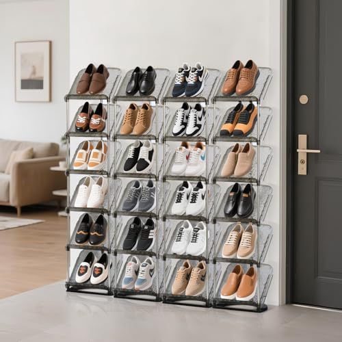 SMILHELTD Vertical Shoe Rack 8 Tiers Narrow Clear Sneaker Storage Holder Luxurious Slim Tall Organizer Space Saving Shelf for Entryway Garage 10.4" W x 64.5" H x 9.8" D (Transparent Black) - color: Transparent Black