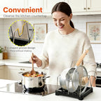 Adjustable Pot Lid Holder with Drip Tray, 2 in 1 Pot Lid Organizer & Spoon Rest, Stainless Steel Lid Holder for Countertop & Cabinet While Cooking, Space Saving Kitchen Pot Cover Rack, Easy Clean