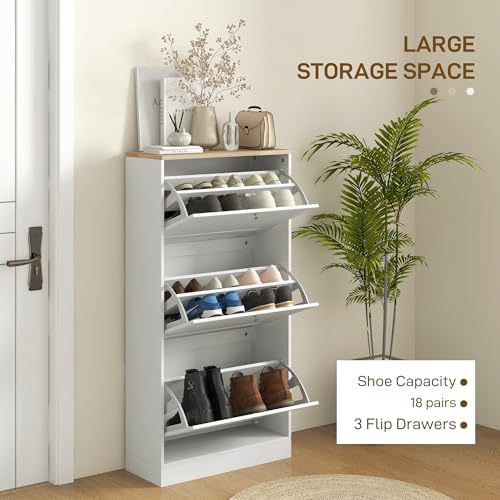HOMCOM Shoe Storage Cabinet with 3 Flip Drawers, Wooden Freestanding Shoe Organizer with Adjustable Shelves for Entryway, Hallway, White - color: White, size: 23.6" x 9.4" x 45.3"