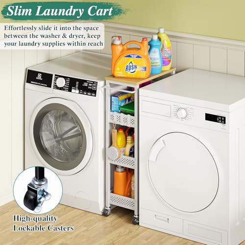 OKZEST Utility Slim Storage Cart, 4-Tier Narrow Bathroom Organizers and Storage Cart, Narrow Metal Kitchen Laundry Room Organization Shelf with Wood Top, Slim Rolling Carts with Wheels for Small Space - color: White, size: 9.1 inch wide