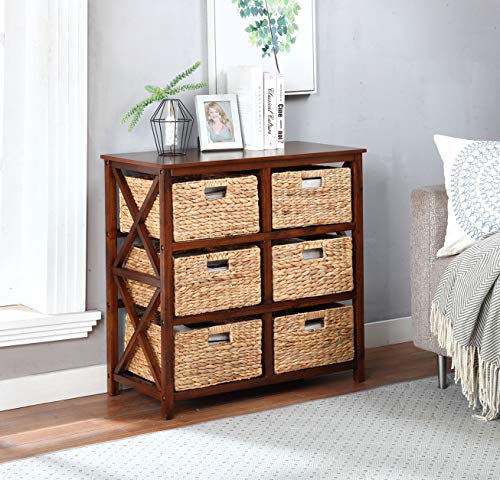 eHemco 3 Tier X-Side End Storage Cabinet with 6 Wicker Baskets, Walnut - color: Walnut, size: 15.5"D x 29.3"W x 30"H (6 Drawers)