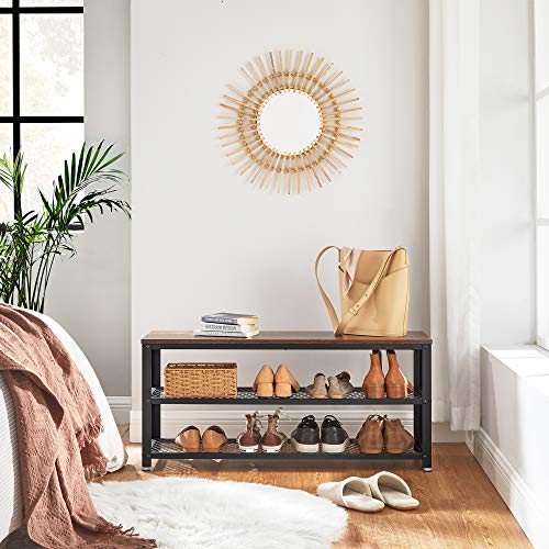 VASAGLE 3-Tier Shoe Rack, Shelf Storage Bench with Metal Mesh Shelves and Seat, Free Standing Shoe Organizer for Entryway, 11.8 x 39.4 x 17.7 Inches, Rustic Brown and Black ULBS078B01 - color: Rustic Brown + Black, size: 39.4"W x 17.7"H, style: Bench