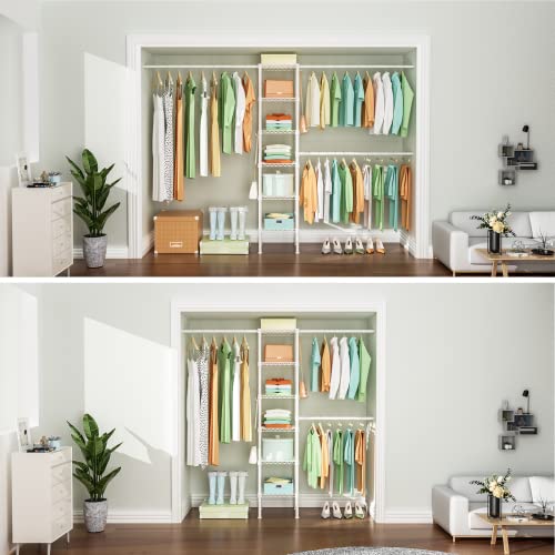 Ulif M1 Closet Storage Organizer System, 6 Tiers Heavy Duty Metal Garment Rack with 3 Expandable Hanger Rods, Wall Mounted Space Saver Suits from 5.4-8.7 ft. Width, 71.2”H x 14”D, 700LBS, White - color: White