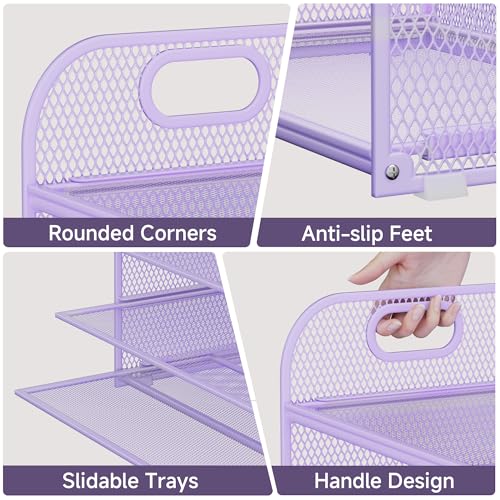 5-Tier Stackable Paper Organizer with Handle, Purple Metal Mesh Letter Tray | Elegant Desk File Sorter for Office, Home & Classroom Organization - color: Purple, size: 12.6" x 9.1" x 13.4"