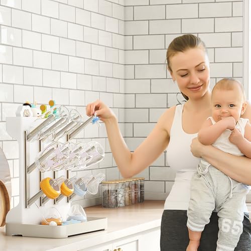 GoMaihe Baby Bottle Drying Rack: Space Saving Vertical Bottle Dryer Holder - Baby Accessories Storage Stand Organize Brushes Pacifiers on Countertop - BPA-Free - Beige - color: Beige