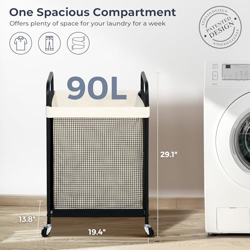 STO STO Laundry Hamper, 90L Rolling Laundry Sorter Cart with Removable and Washable Liner Bag, Clothes Hamper with Wheels and Metal Handle for Laundry Room and Bedroom - color: Beige, size: 1-Section