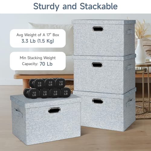 Graciadeco Large 17" 36 Quart Collapsible Stackable Storage Bins with Lids, 3 Packs Blue-Grey Linen Fabric Closet Boxes with Lids, Storage Cube Baskets Container Organizers for Bedroom (17x12x11) - color: Blue-Grey, size: Large -3 Pack