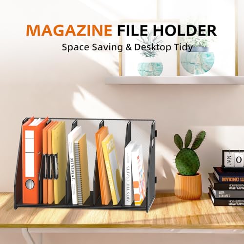 SUPEASY Binder Organizer, Magazine File Holder with 5 Vertical Compartments Rack, Metal Desk File Organizer & Binder Holders, Magazine Organizers for Office Desktop, Home, School, Classroom (Black) - color: Black, size: 5Rack