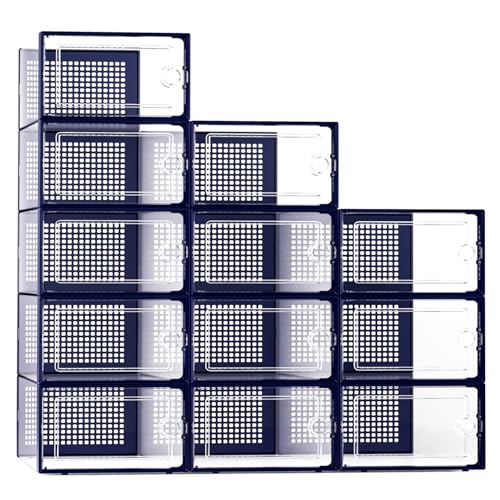Kuject X-Large Shoe Storage Boxes Organizers Clear Plastic Stackable 12 Pack, Shoe Rack & Holder Substitute, Sneaker Containers, Toy Storage Organizer Bins for Entryway, Closet, Under Bed, Blue - color: Blue, size: X-Large