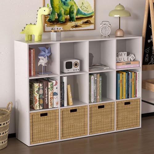 Wooden 12 Cube Storage Organizer with Closed Back Panel,White Cube Shelf Cubby Storage Organizer with Compartments for Living,Bookshelf, Easy to Install (White, 12-Cube-11in) - color: White, size: 12-Cube-11in