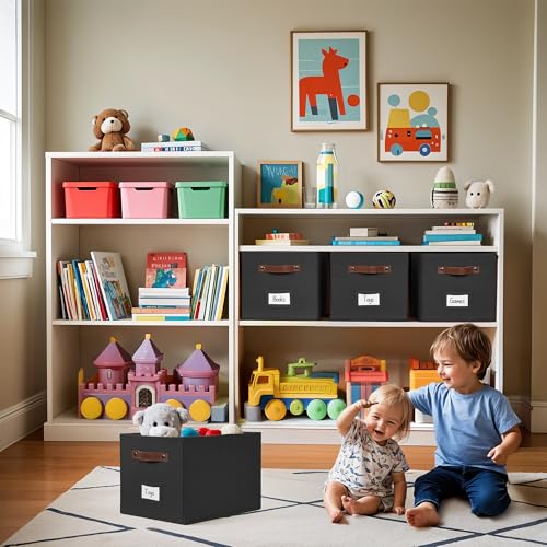 DECOMOMO Storage Baskets for Shelves - Large 15"x11"x10" Foldable Fabric Storage Bins, Baskets for Organizing with Labels (Black, 4pcs) - color: Black