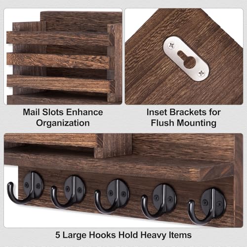 Lwenki Key Holder for Wall – Decorative Wooden Mail Holder and Key Shelf with Mounting Hardware, Installation Guide – Paulownia Wood with Metal Key Hooks (Brown, Large - 11.8inch) - color: Brown, size: Large - 11.8inch