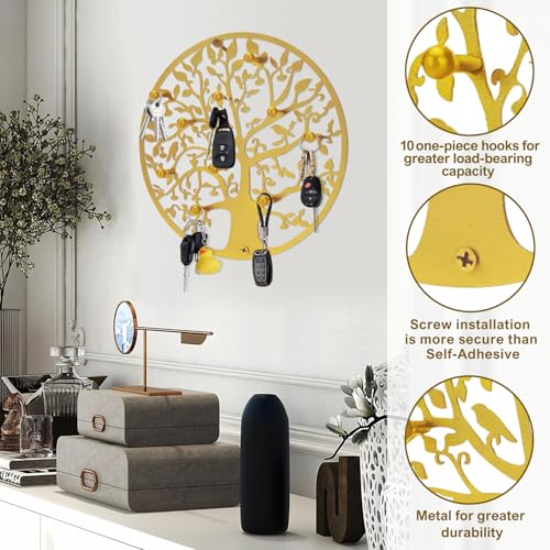 Round Decorative Home Key Holder Wall Mount, 2 Pack Metal Tree Car Key Rack for Wall Organizer for Keys, Wallets, Hats, Used for Decor for House Entryway, Kitchen, Garage, Office (12" Gold) - color: 2 Pack Gold