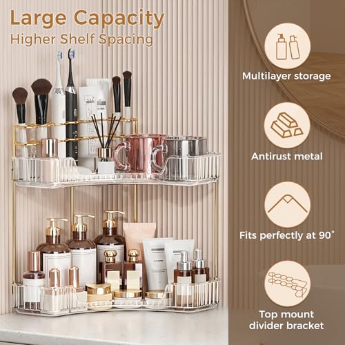 BEFSOP Corner Bathroom Counter Organizer, Upgraded 2-Tier Makeup Organizer Countertop with Makeup Brush Holder, Skincare Exquisite Vanity Organizers Countertop Bathroom Storage Dresser(CLEAR) - color: Clear, size: 2 Tier