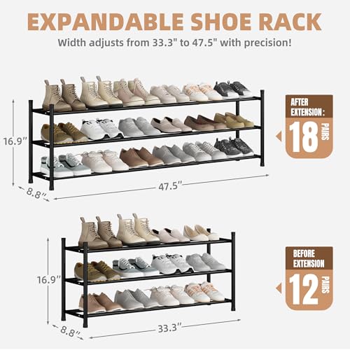 STORAGE MANIAC Long Expandable Shoe Rack, 18 Pairs Metal Wide Stackable Shoe Rack, Adjustable Shoes Shelf, Freestanding Shoes Organizer for Closet, Entryway, Hallway, Garage, Front Door, 3 Tiers - size: 3-tier