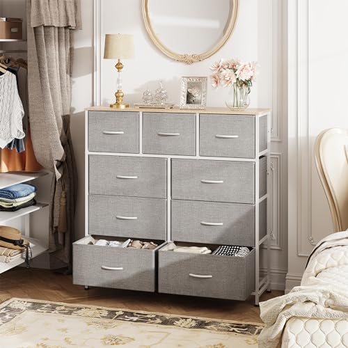 WLIVE 9-Drawer Dresser, Fabric Storage Tower for Bedroom, Hallway, Entryway, Closet, Tall Chest Organizer Unit with Fabric Bins, Steel Frame, Wood Top, Easy Pull Handle, Light Grey - color: Light Grey