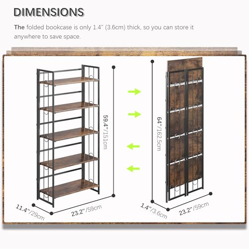 4NM No Assembly 5 Tiers Folding Bookshelf, 59.4" H Foldable Storage Shelves Vintage Bookcase Standing Racks Study Organizer Home Office - Rustic Brown Black - color: Rustic Brown Black, size: 5-Tier