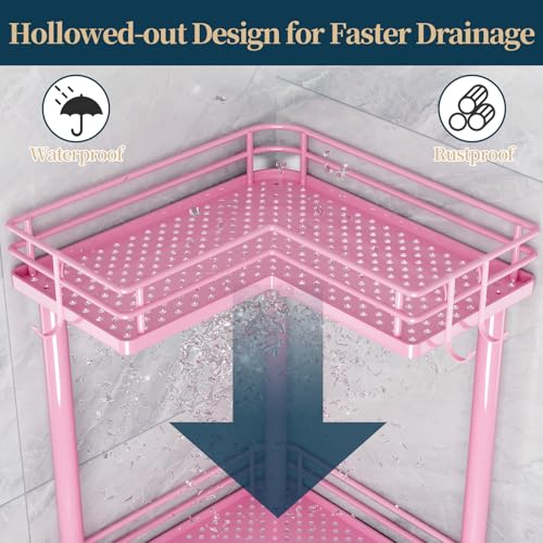 Consumest Corner Shower Caddy Standing - 3-Tier Stainless Steel Shower Organizer with Soap Holder and 4 Hooks, Large Capacity Corner Shelf Stand for Bathroom, Rest Room, Pink - color: Pink, size: 3 Tier