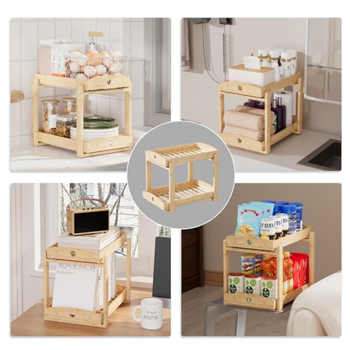 Bamboo Wood Under Sink Organizer 1 Pack, Pull Out Cabinet Organizer 2 Tier Under Sink Organizers and Storage with Sliding Drawer Sturdy Easy Assembly for Kitchen Bathroom Undersink (Nature, 2 Packs) - color: Nature