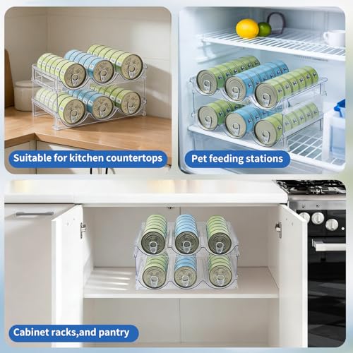 Cat Can Storage Organizer for Pantry, High Clear Acrylic Dog Canned Food Storage Rack 2 Tier Stackable Shelf for Pet Cans Dispenser with Can Cover Lid and Spoon