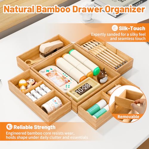 SpaceWhisper Bamboo Drawer Organizer, 5-Piece Drawer Divider with Removable Dividers for Organization and Storage, Multi-Use Stackable Storage Box & Utensil Holder for Kitchen, Office, Makeup & More