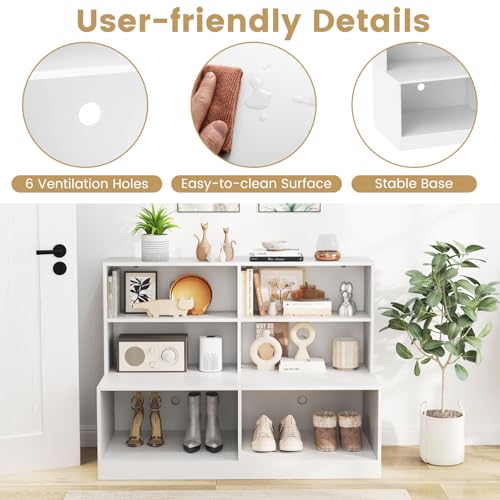Giantex Storage Bench with Shelf, 3-Tier Entryway Storage Cabinet w/Seat, 2-in-1 Shoe Bench w/Bookshelf, Anti-tip Kits, Modern Style 6-Cube Organizer for Living Room, Study, Hallway, White