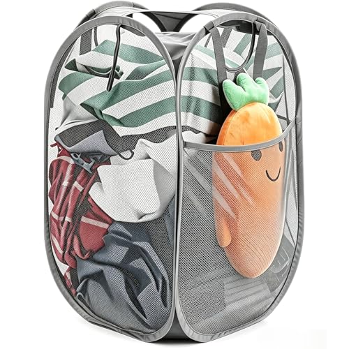 Strong Mesh Pop-up Laundry Hamper,HOUSE AGAIN Quality Pop Up Hampers for Laundry with Durable Handles Solid Bottom High Carbon Steel Frame, Easy to Open and Fold for Storage(Grey) - color: Gray, size: 1-Pack