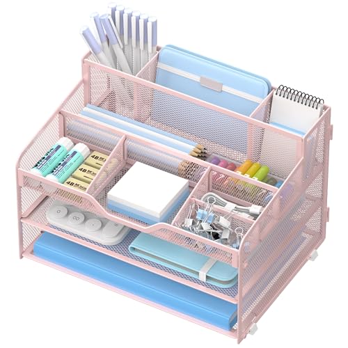 3 Tier Mesh Desk Organizer,Multi Functional Letter Paper Tray with 3 Pen Holders and 5 Adjustable Storage Compartments for Office Supplies Files and Mail Space Saving Desktop Organizer-Pink - color: 3 Tier-pink