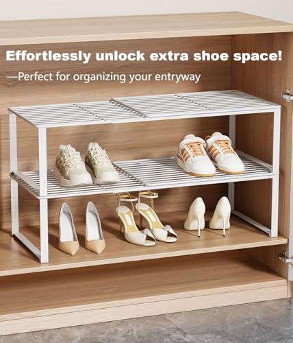Multi-Functional Adjustable Metal Wire Shoe Rack Organizer - Stackable Shoe Storage for Closet, Extendable 15-24.4in, Retractable Entryway Shoe Cabinet Shelf (White, 1 Pack) - color: White, size: 1 Pack