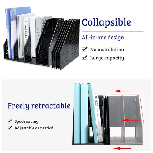Marte Vanci Collapsible Magazine File Holder with 4 Vertical Compartments, Binder Holder for Desk, Desktop Binder Organizer for Notebook, Documents, Book, School Office Supplies(Black) - color: Black 4 Compartments