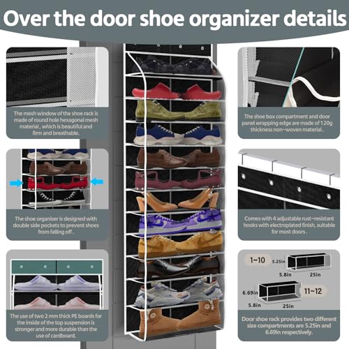 PAULONE 12 Pocket Over the Door Shoe Organizer,Reusable Breathable Large Mesh Bag Men's & Women's Sneaker Organizer,Shoe Organizer for Kids,Hanging Shoe Storage Hanging Bag (Black) - color: 12th Floor Black