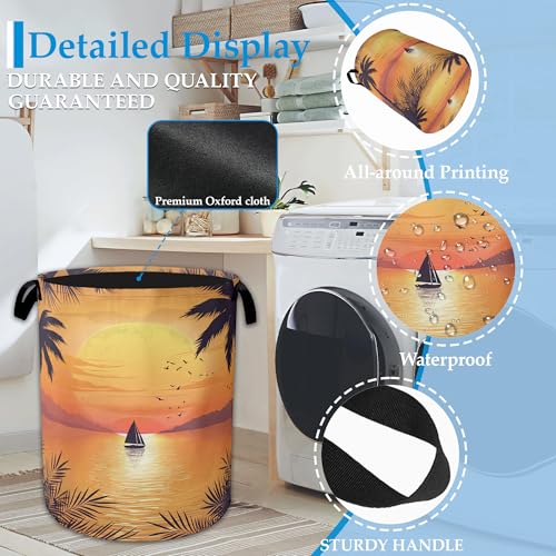 Tropical Palm Laundry Basket,Sunset Sea Beach Laundry Hamper, Collapsible Clothes Toy Storage Bin for Bathroom Bedroom Room Decor 16" X 20.8" - color: Tropical Palm