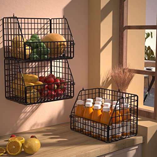 PUPPYCUTE Stackable Wire Storage Baskets for Kitchen Closet Pantry, Hanging Closet Organizers Storage Shelves Organization, Wall Mount Metal Basket Bins, Clothing Vegetable & Fruit Organizer 5 pcs - color: Black-5pcs
