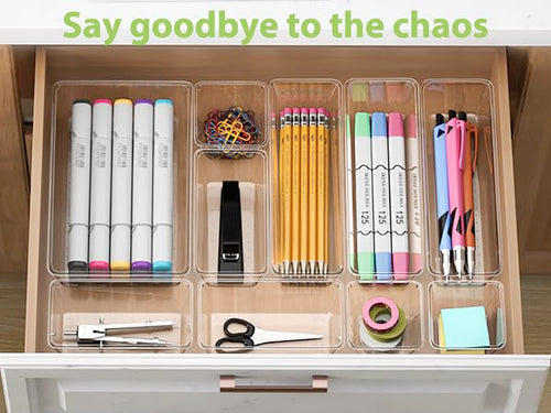 12 Piece Clear Drawer Organizer Set, 3 Sizes Bathroom Vanity Organizer Trays and Storage Bins for Makeup, Cosmetics, Jewelry, and Gadgets. Perfect for Office, Kitchen, Bedroom, Bathroom Use. - size: 12pcs-3size