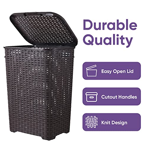 Superio Laundry Hamper Basket With Easy Open Lid 60 Liter Large Wicker Hamper, Dirty Cloths Storage With Two Cutout Handles, Laundry Room Bin (2 Pack, Brown) - color: Brown, size: 2-pack