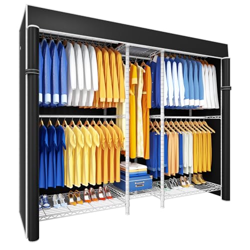 Ulif E12C Pro Heavy Duty Closet Organizer System，Freestanding Clothing Racks for Hanging Clothes，Adjustable Garment Rack 71"W x 16"D x 76.5"H Hold 960lbs，White Clothing Rack with Black Dustproof Cover - color: White Rack With Black Cover, size: E12C Pro