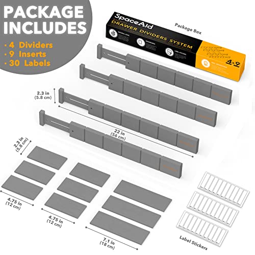 SpaceAid Bamboo Drawer Dividers with Inserts and Labels, Kitchen Adjustable Drawer Organizers, Expandable Organization for Home, Office, Dressers, 4 Dividers with 9 Inserts (17"-22" Gray) - color: GRAY, size: 2.35''H, 17''-22''L, 4 Dividers