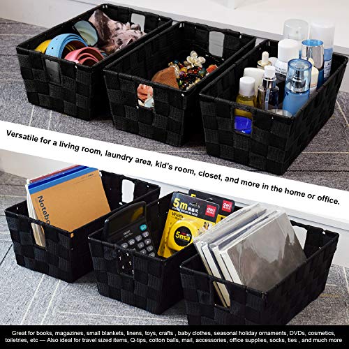 Woven Black Storage Baskets Shelf Tote Boxes Container, Durable Storage Organizer Bins with Built-in Handles for Bedroom, Office, Closet, Kids Room, Nursery, 3-Pack,11.4”x 6.5”x 4.5” - color: Woven Strap Black, size: 3 Pack