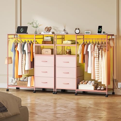 WLIVE Pink Dresser with Hanging Rack for Bedroom, 3 Drawer Dresser with LED Lights & Charging Station, Fabric Dressers & Chest of Drawers, Storage Organizer with Open Shelves for Living Room - color: Pink