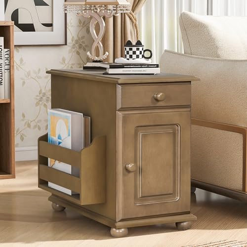 Multifunctional Vintage End Table Flip Top Side Table with USB Ports and 1 Drawer with Cup Holders, Sofa Side Narrow Table Nightstand with Bookshelf for Living Room Bedroom (Brown-5.8) - color: Brown-5.8