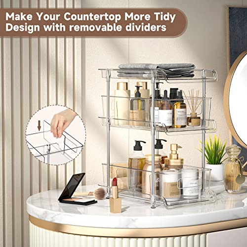 2Set 3 Tier Clear Bathroom Organizer with Dividers, Pull-Out Pantry Organization and Storage, Multi-Purpose Under Sink Organizers and Storage, Vanity Skincare Cosmetic Closet Organizer Medicine Bins - color: Transparent