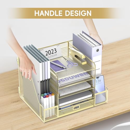 SUPEASY Mesh Desk Organizer with File Holder, 5-Tier Paper Letter Tray Organizer with Magazine Holder, Desktop Organizer and Storage with Drawer for Office Supplies Home or School (Golden) - color: Golden
