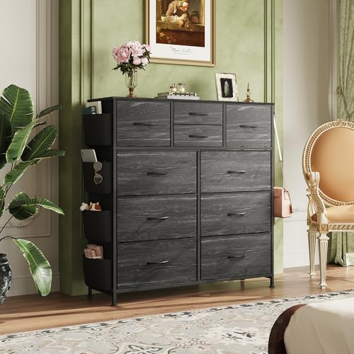 WLIVE Dresser for Bedroom with 10 Drawers, Fabric Dresser Chest of Drawers with Side Pockets and Hooks, Sturdy Metal Frame, Drawers Organizer Unit for Room, Hallway, Charcoal Black Wood Grain Print - color: Charcoal Black Wood Grain Print