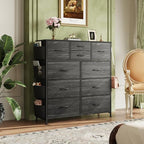 WLIVE Dresser for Bedroom with 10 Drawers, Fabric Dresser Chest of Drawers with Side Pockets and Hooks, Sturdy Metal Frame, Drawers Organizer Unit for Room, Hallway, Charcoal Black Wood Grain Print - color: Charcoal Black Wood Grain Print