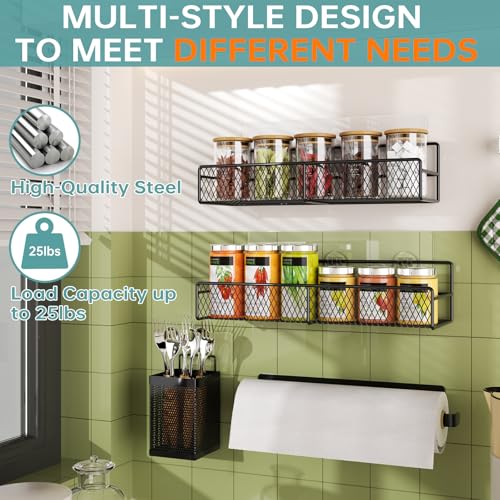 DTUQYX Spice Rack Wall Mounted 6 Pack: 100% Metal & Strong Adhesive Spice Organization for Kitchen Cabinet/Pantry Door, No Drill Hanging Seasoning Organizer with Paper Towel Holder, Utensil Caddy - style: No Drill Wall Mount Version