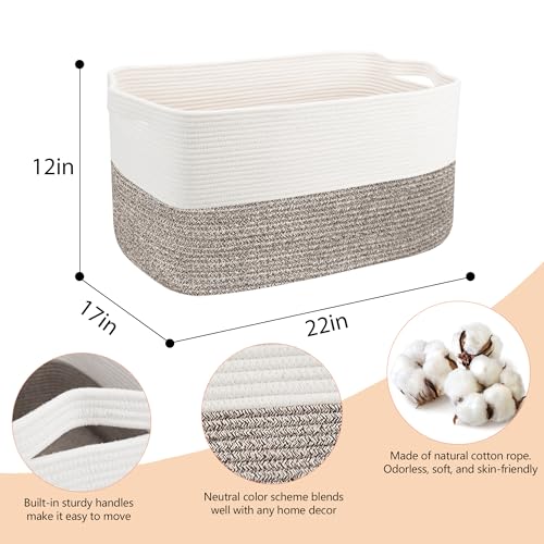 MEGASKET Large Blanket Basket, 22"x17"x12" Rectangle Blanket Storage for Living Room, Decorative Kids Dog Toy Bin Box, Soft Woven Cotton Rope Storage Basket, Big Wicker Throw Pillow Organizer Holder - color: White & Light Brown, size: 22"x17"x12"
