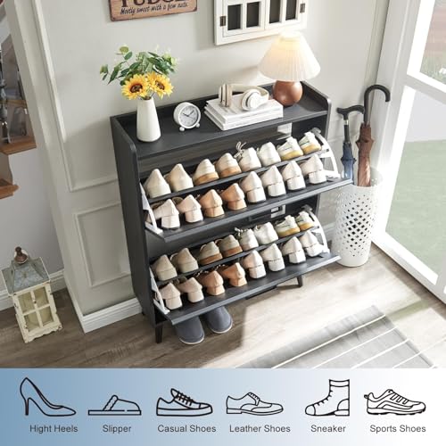 Barnyatoh Shoe Storage Cabinet with 2 Flip Drawers, Farmhouse Hidden Shoe Organizer, Narrow Slim Shoe Rack Cabinet for Entryway Hallway,Black - color: Black