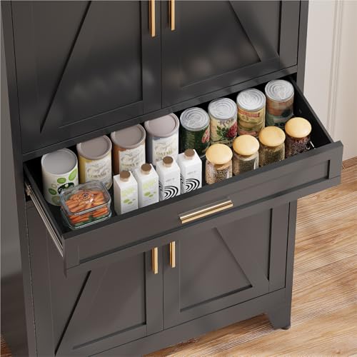 COFaR 71'' Tall Metal Pantry Cabinet with Drawer, Kitchen Storage Cabinet with 4 Doors and Shelves, Freestanding Farmhouse Food Cupboard for Kitchen Dinning Room Garage, Black 6-Tier - color: Black, size: 71 Tall 4 Doors 1 Drawer-Tree Door